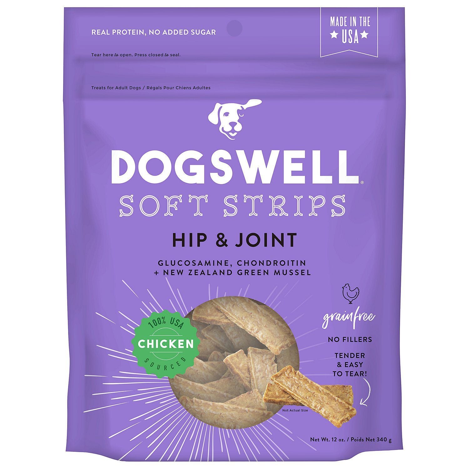 DOGSWELL Hip and Joint Grain Free Soft Strips Chicken Soft and Chewy Dog Treats - 12 oz Bag  