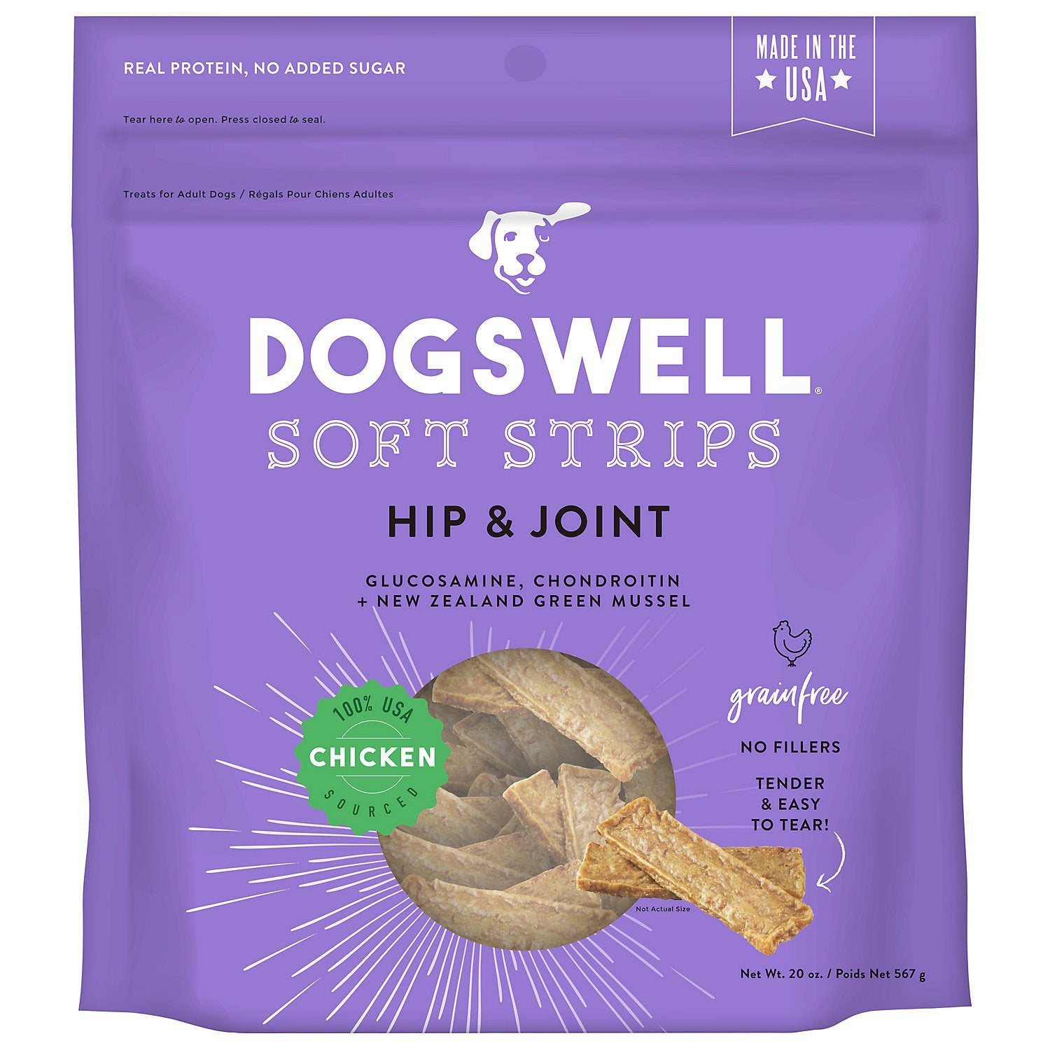 DOGSWELL Hip and Joint Grain Free Soft Strips Chicken Soft and Chewy Dog Treats - 20 oz Bag  