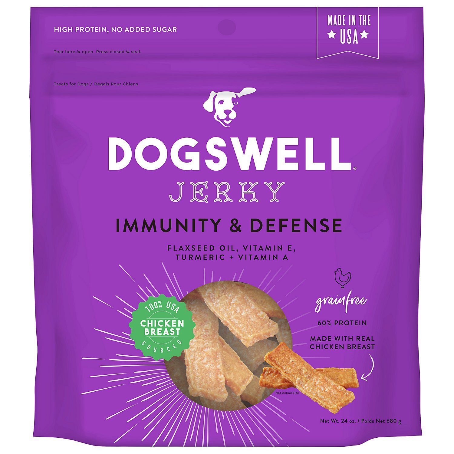 DOGSWELL Immunity and Defense Grain Free Jerky Chicken Soft and Chewy Dog Treats - 24 oz Bag  