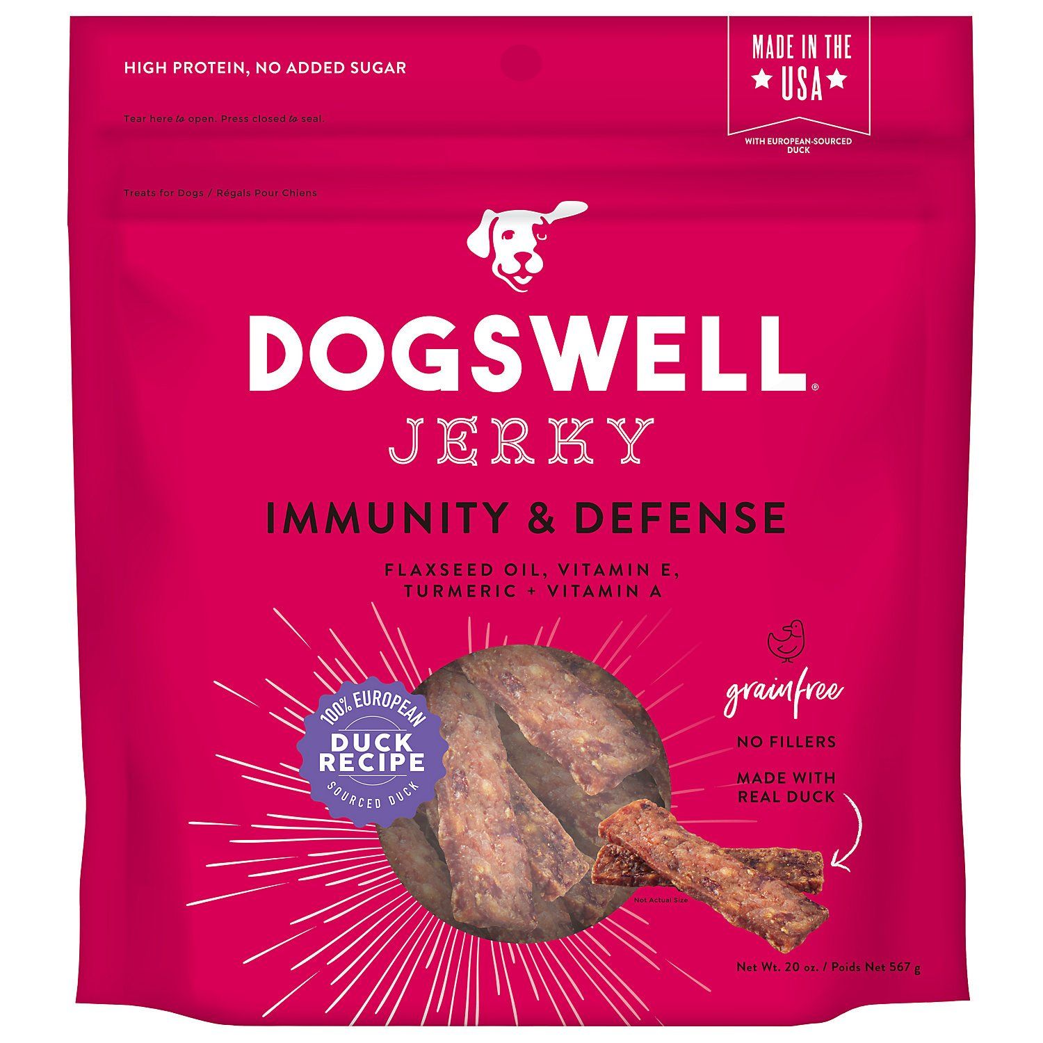 DOGSWELL Immunity and Defense Grain Free Jerky Duck Soft and Chewy Dog Treats - 20 oz Bag  