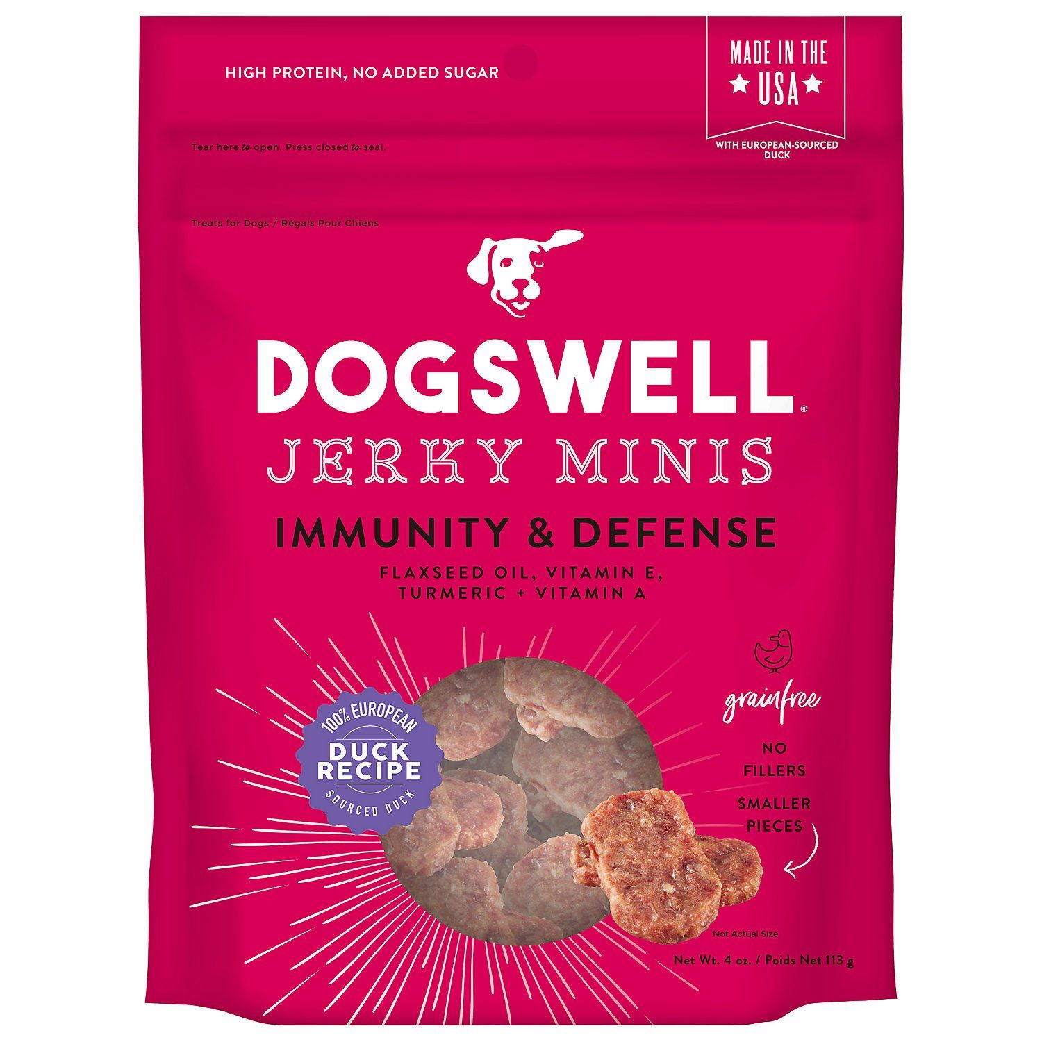 DOGSWELL Immunity and Defense Grain Free Mini Jerky Duck Soft and Chewy Dog Treats - 4 oz Bag  