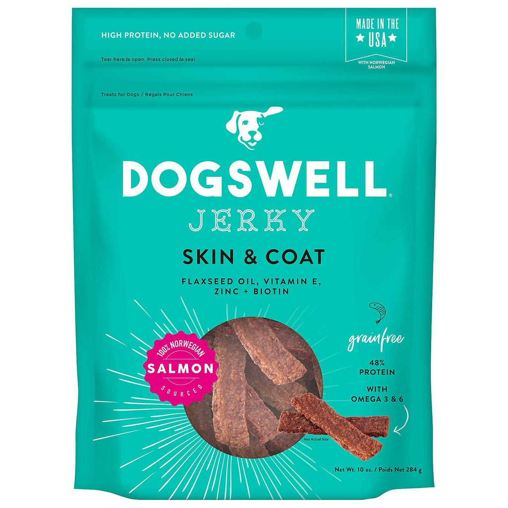 DOGSWELL Skin and Coat Grain Free Jerky Salmon Soft and Chewy Dog Treats - 10 oz Bag  