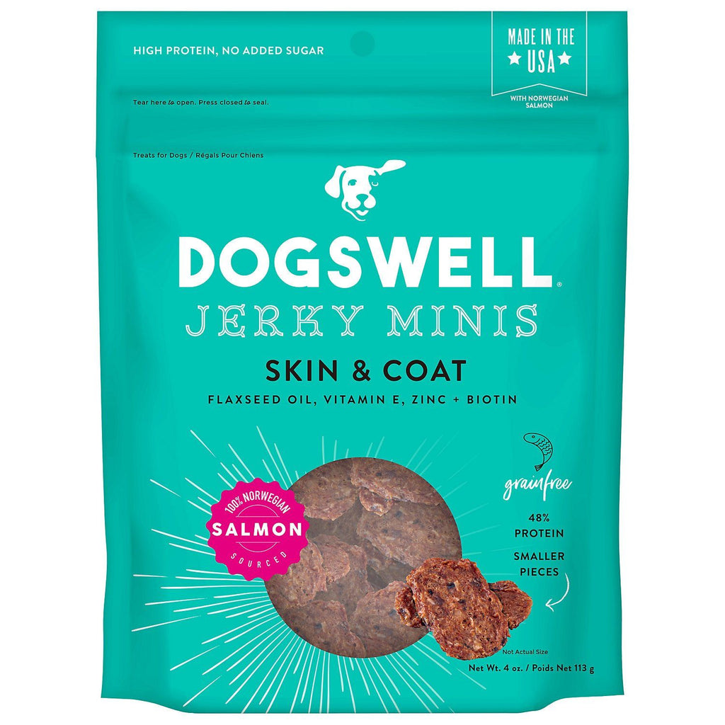 DOGSWELL Skin and Coat Grain Free Mini Jerky Salmon Soft and Chewy Dog Treats - 4 oz Bag  