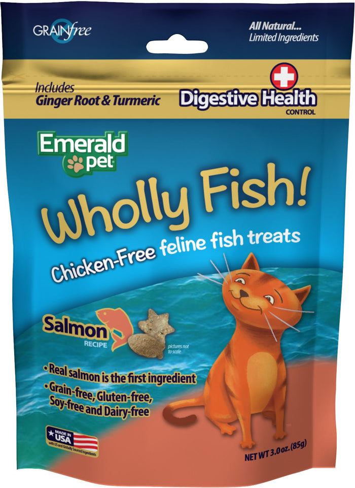 Emerald Pet Wholly Fish! Salmon + Digestive Health Crunchy Cat Treats - 3 oz Bag