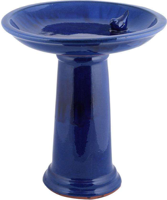 Esschert Design Ceramic Bird Bath On Pedestal with Bird - Blue - 2 Pack
