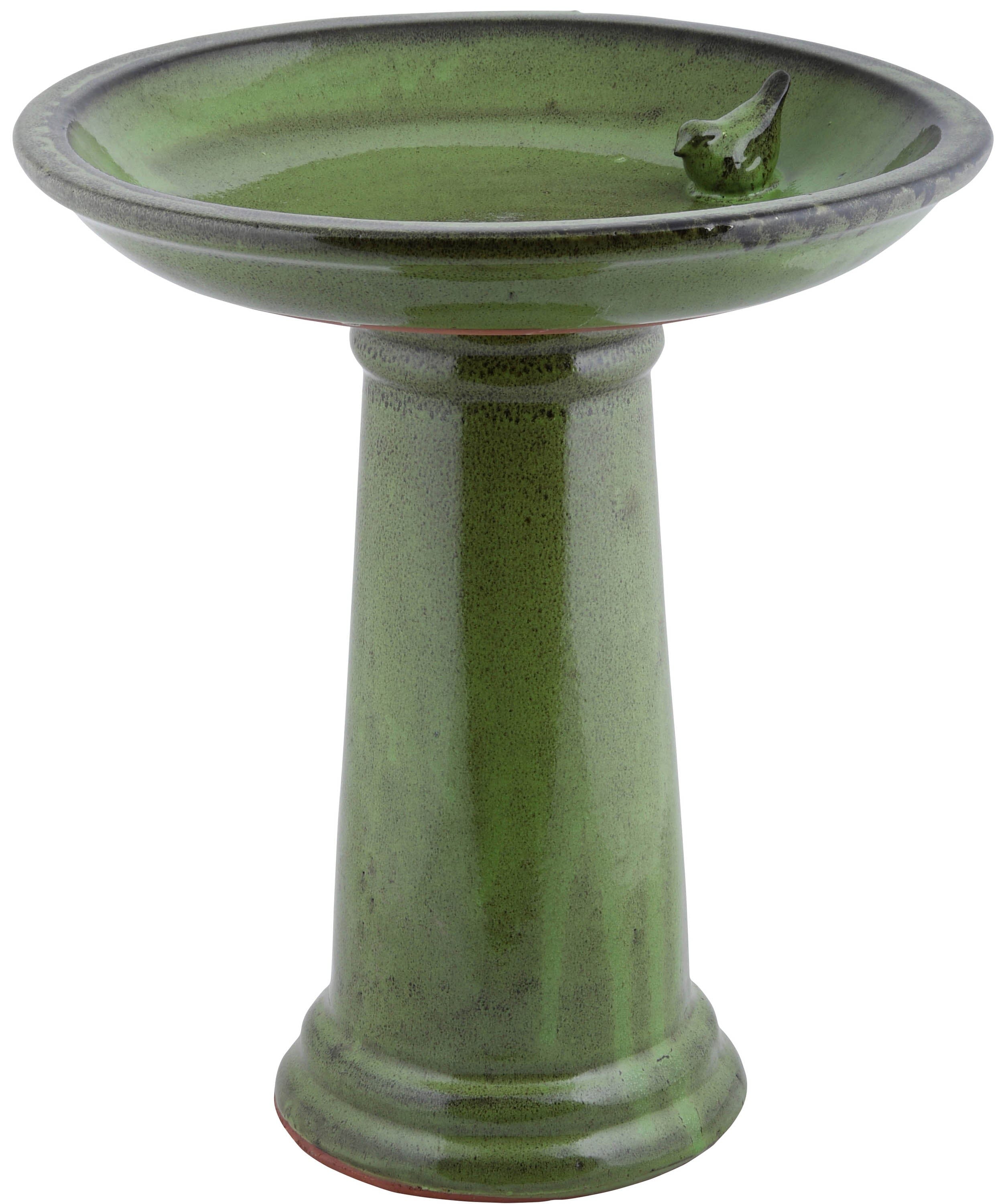 Esschert Design Ceramic Bird Bath On Pedestal with Bird - Green - 2 Pack  