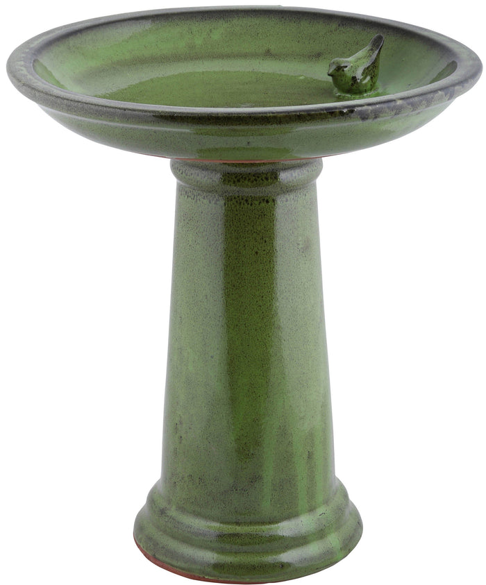 Esschert Design Ceramic Bird Bath On Pedestal with Bird - Green - 2 Pack