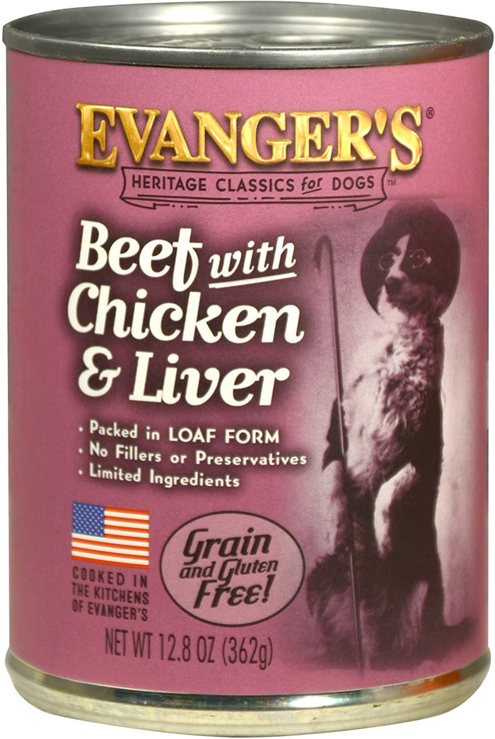 Evanger's Beef Chicken & Liver All Meat Classic Canned Wet Dog Food - 13 oz Cans - Case...