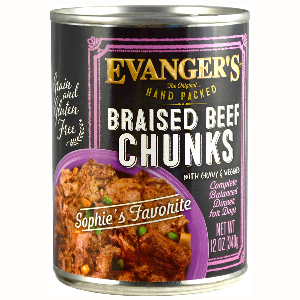 Evanger's Braised Beef Chunks with Gravy Hand Packed Canned Dog Food - 13 oz Cans - Case of 12  