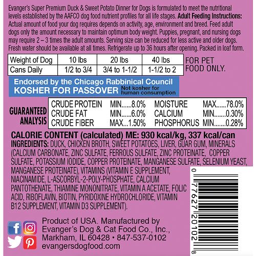 Evanger's Duck & Sweet Potato Super Premium Canned Dog Food - 13 oz Cans - Case of 12  