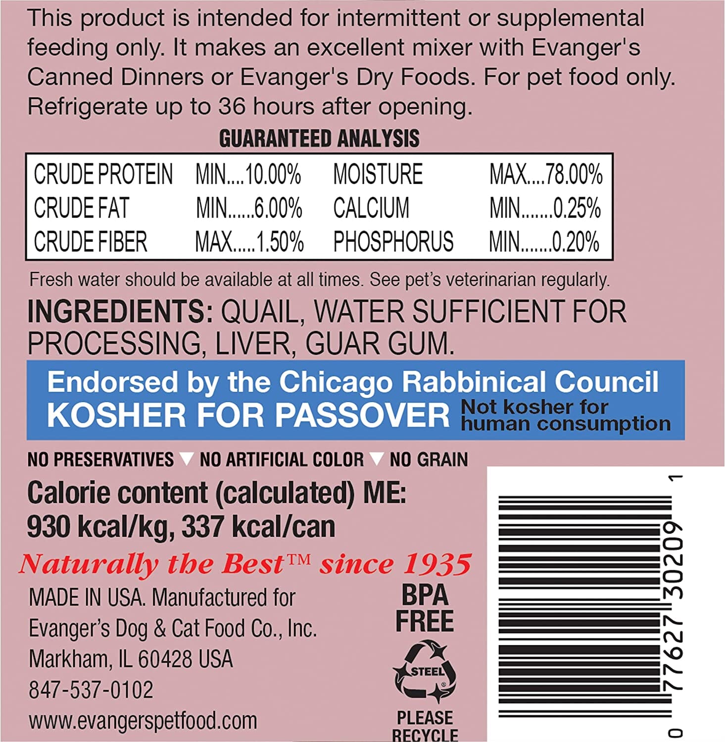 Evanger's Grain-Free Quail Canned Cat and Dog Food - 12.8 Oz - Case of 12  