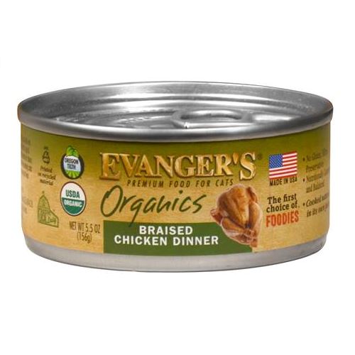 Evanger's Organics Braised Chicken Canned Cat Food- 5.5oz Cans - Case of 24  