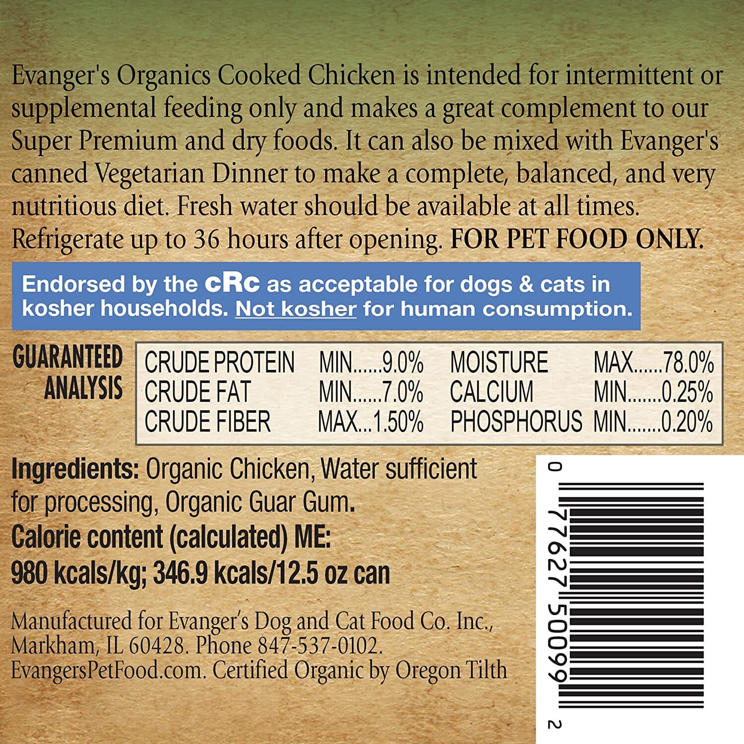 Evanger's Organics Cooked Chicken Canned Dog Food - 12.8 Oz - Case of 12  