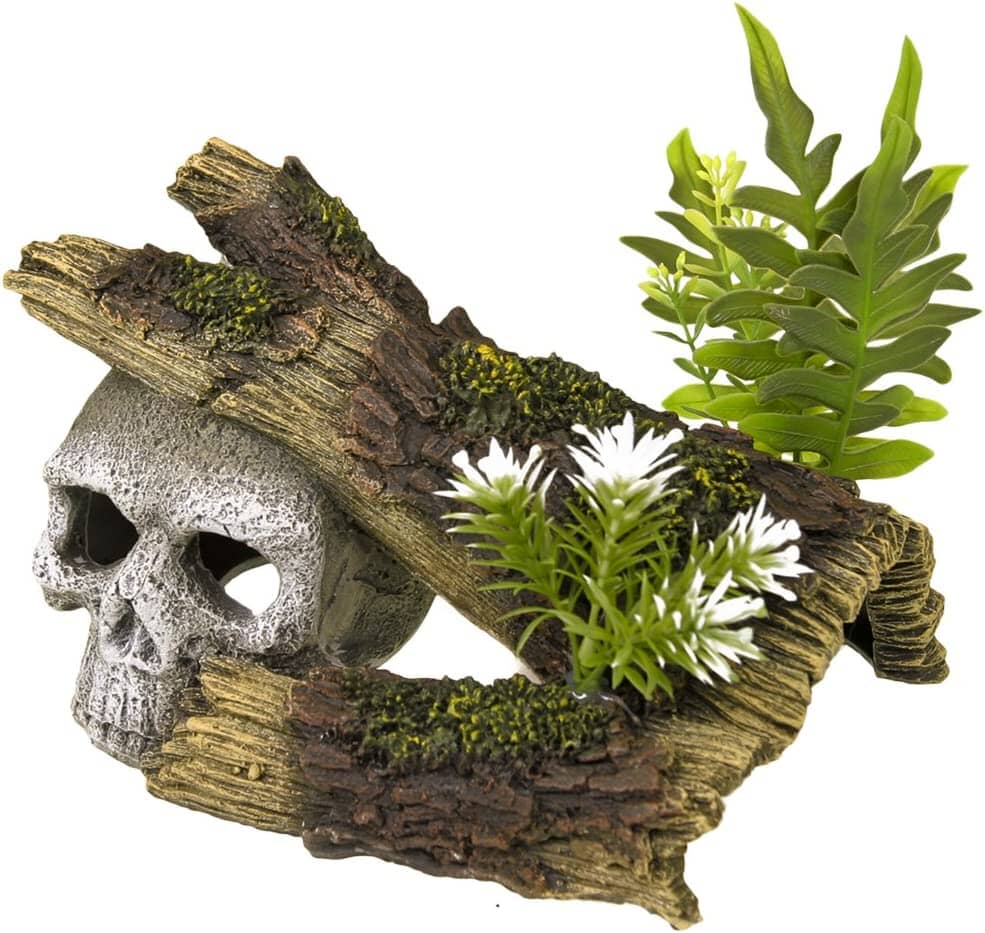Exotic Environments Skull Hideaway with Plants Resin Aquatics Decoration - Natural - Medium