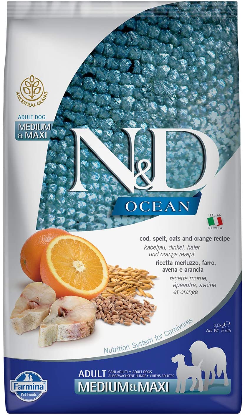 Farmina Ancestral Grain Ocean CodFish & Orange Adult Medium and Maxi Dry Dog Food - 5.5 lb Bag
