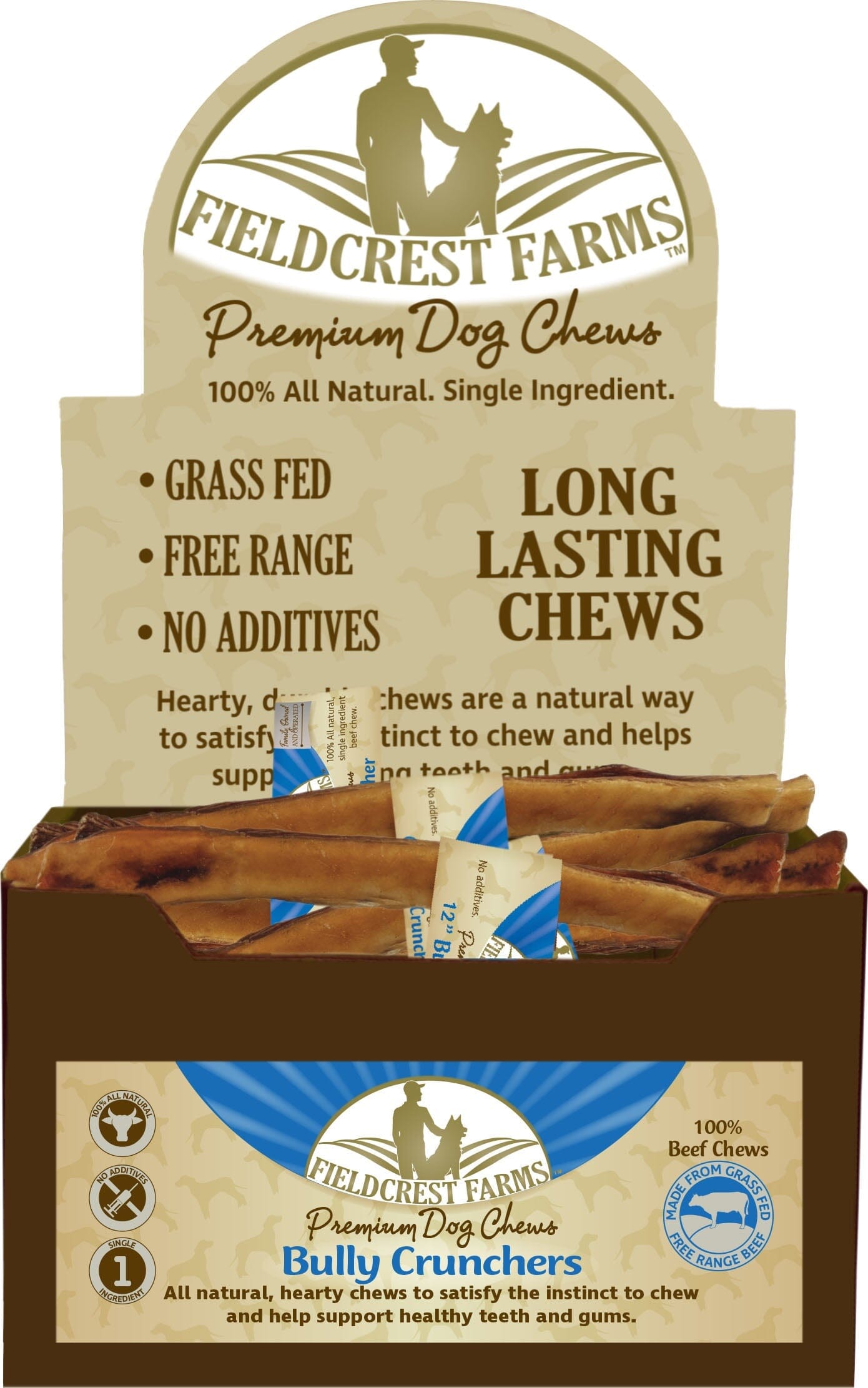 Fieldcrest Farms Bully Crunchers Beef Chews Dog Bully Sticks and Natural Chews - Beef - 6 In - 30 Pack  