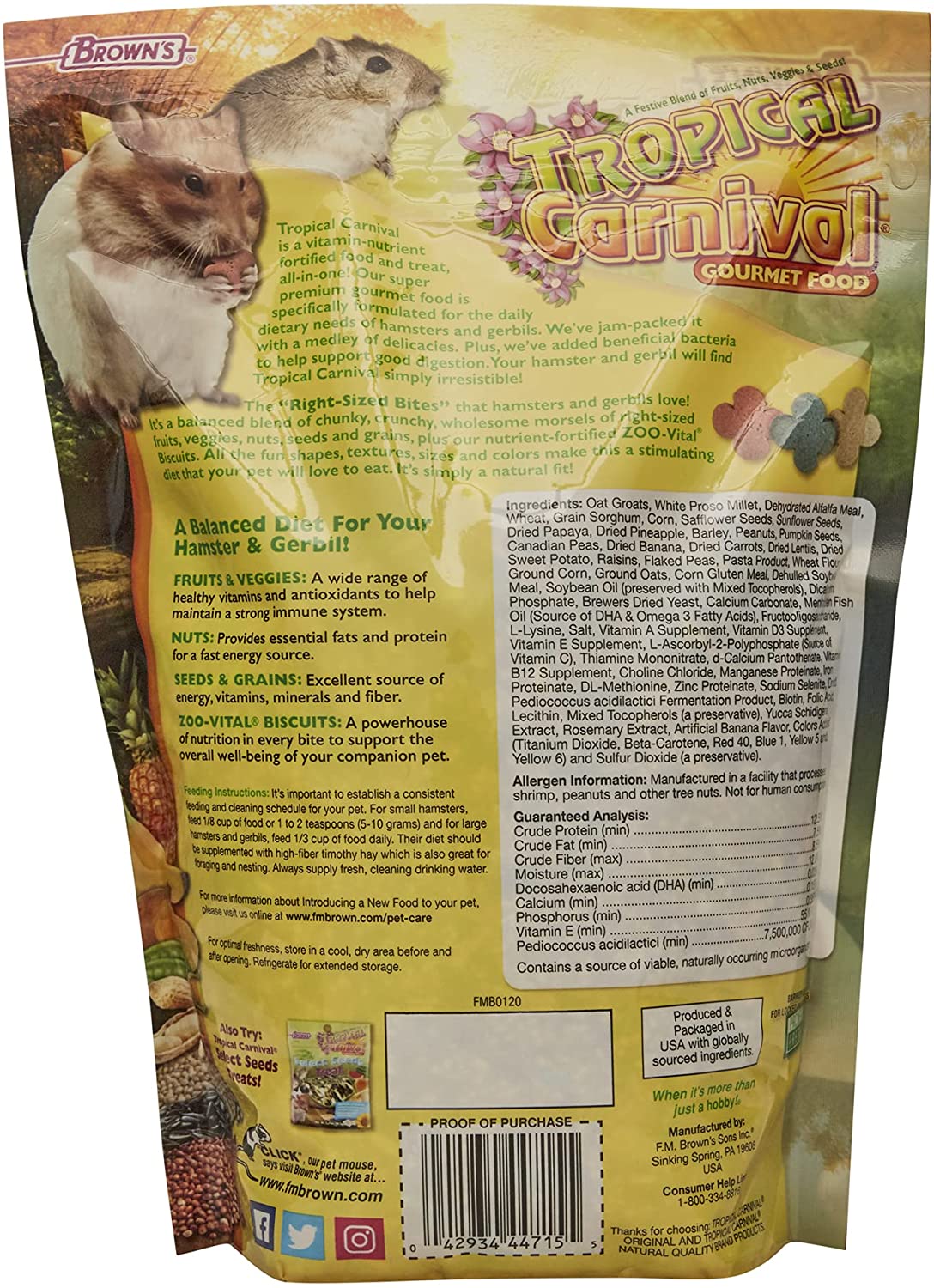 F.M. Brown's Tropical Carnival Hamster-Gerbil Gourmet Small Animal Food - 2 lb Bag  