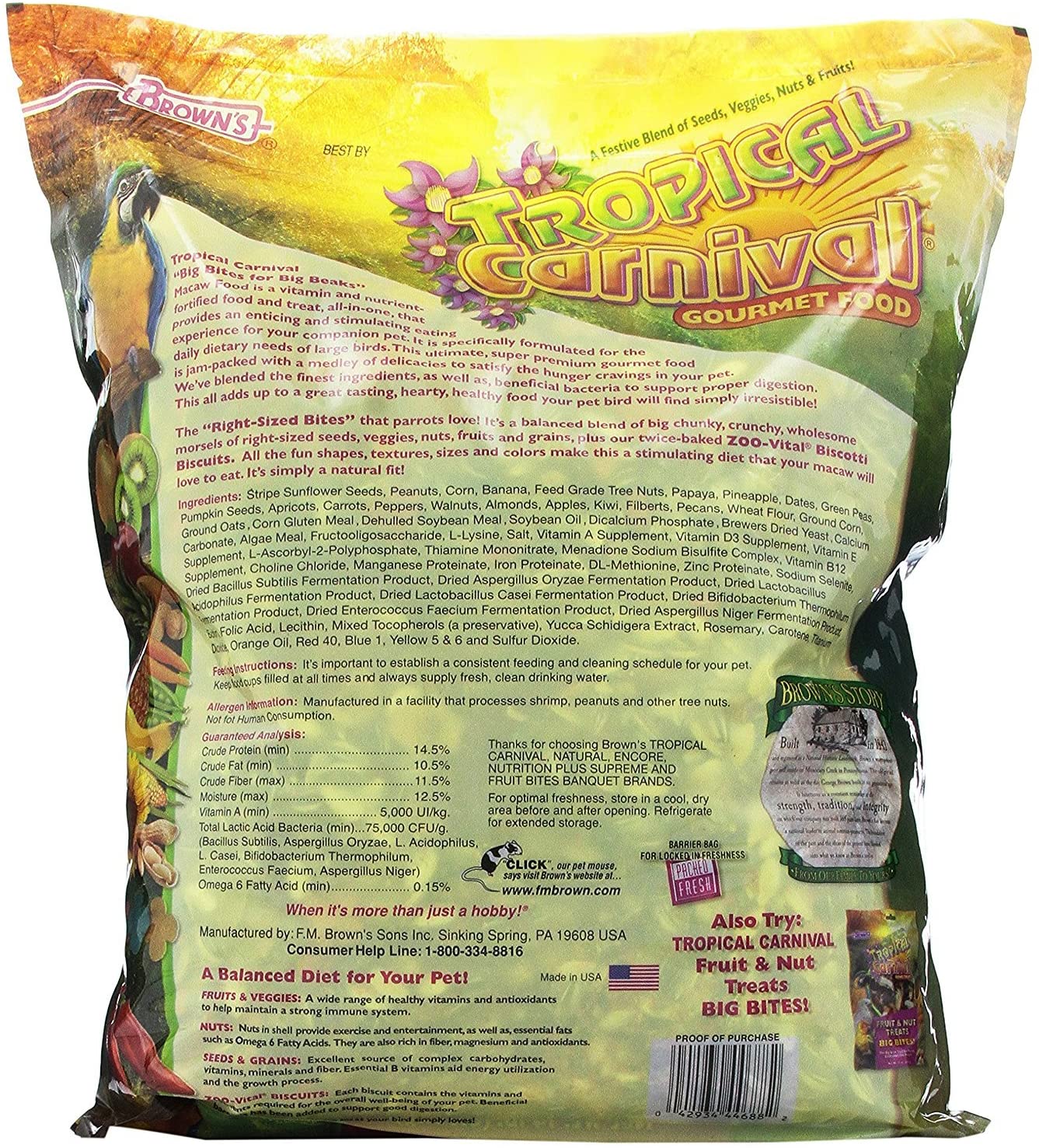 F.M. Brown's Tropical Carnival Macaw Big Bites Bird Food - 14 lb Bag  