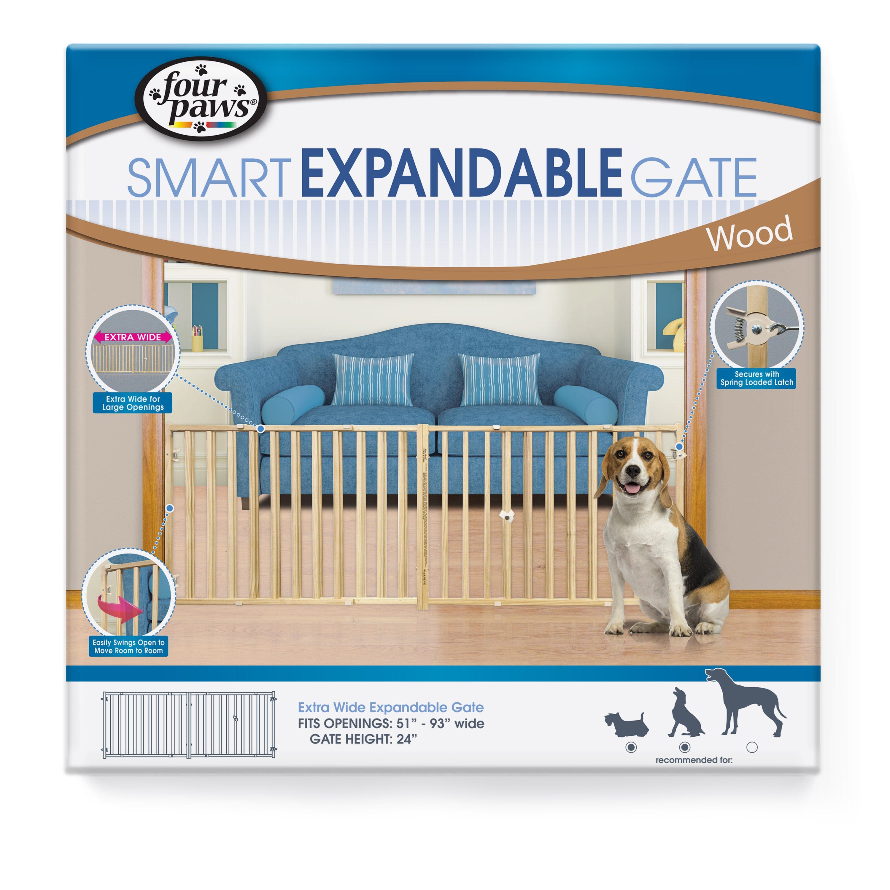 Four Paws Extra Wide Epandable Vertical Wood Slat Dog Gate Brown - 51-93 in W X 24 in H  