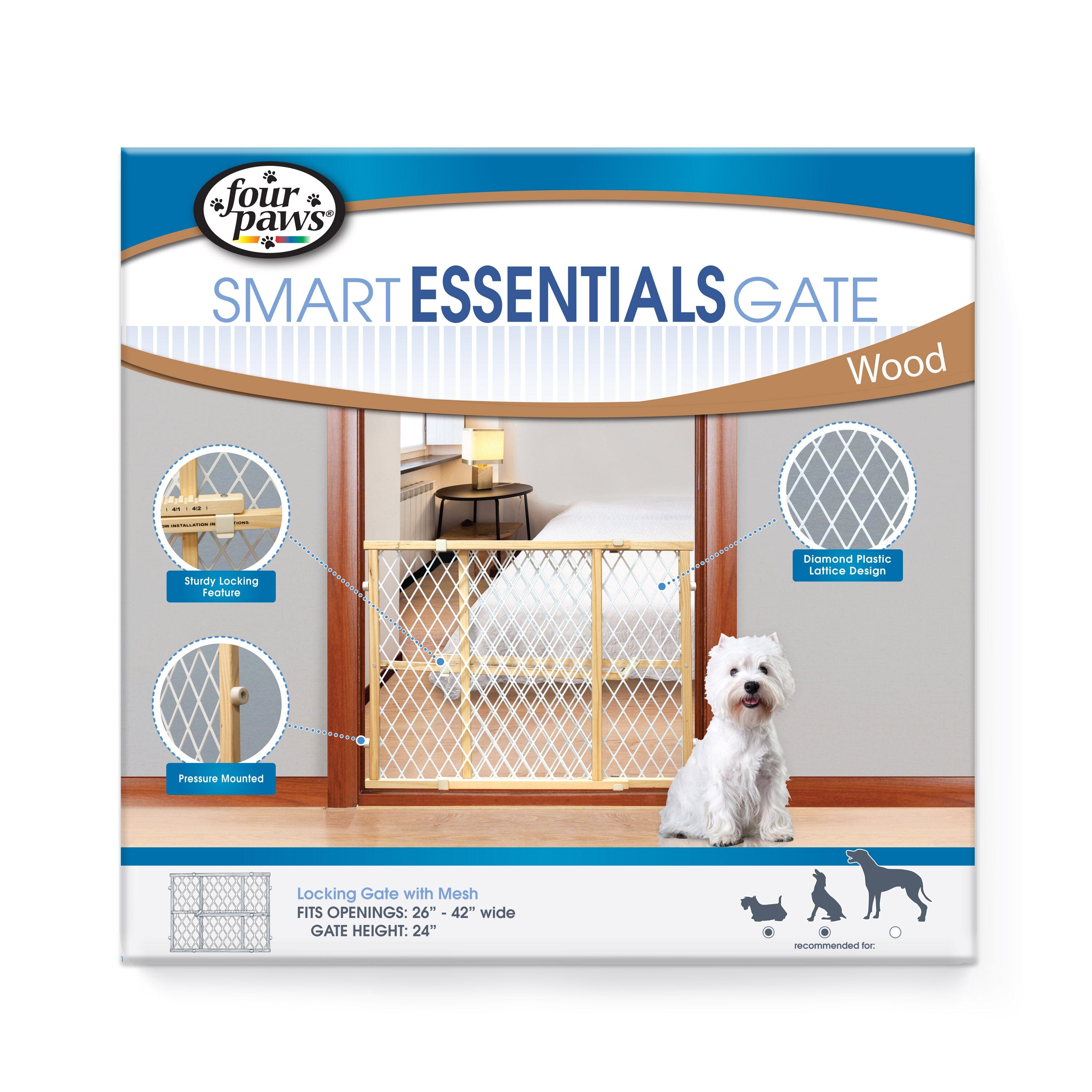 Four Paws Locking Wood Gate with Mesh - 26-42 in W X 24 in H  