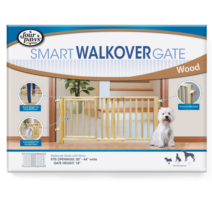 Four Paws Walkover Wood Dog Gate with Door - 30-44 in W X 18 in H