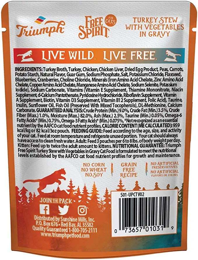 Free Spirit Grain-Free Cat Pouch Canned Cat Food - Turkey and Vegetable - 3 Oz - Case o...
