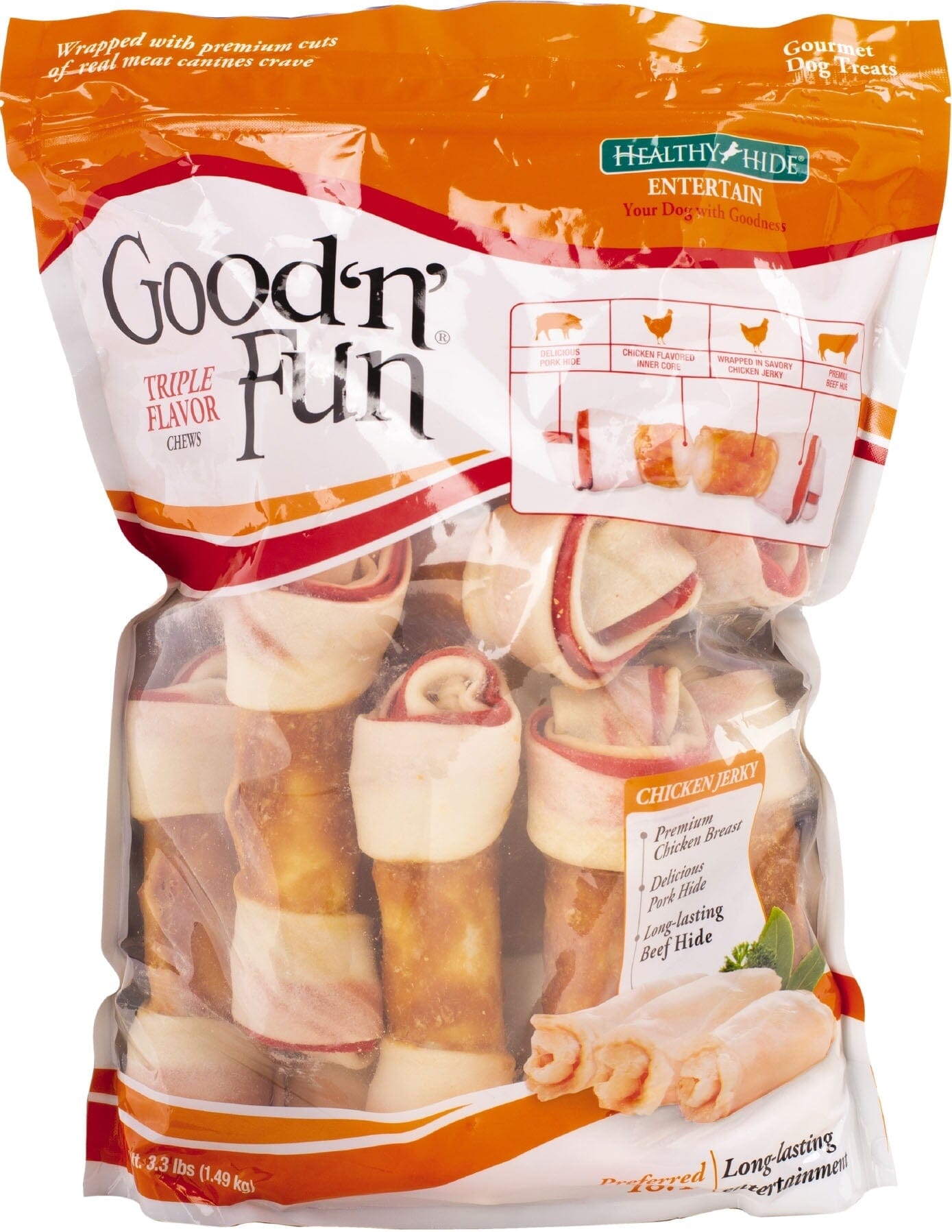 Good 'N' Fun Triple Flavor Chews Natural Dog Chews - Chicken/Pork/Be - 7 In - 12 Pack  