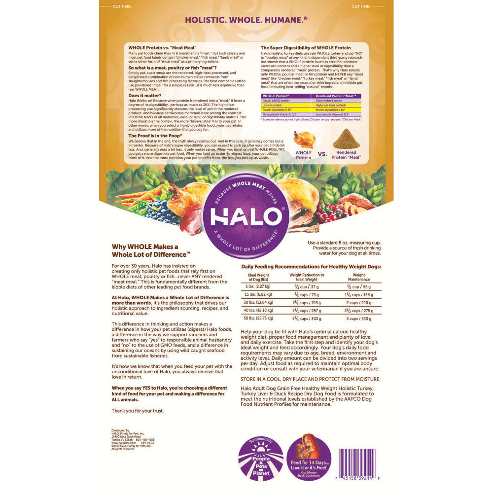 Halo Adult Healthy Weight Grain Free Holistic Turkey, Turkey Liver & Duck Recipe Dry Dog Food  