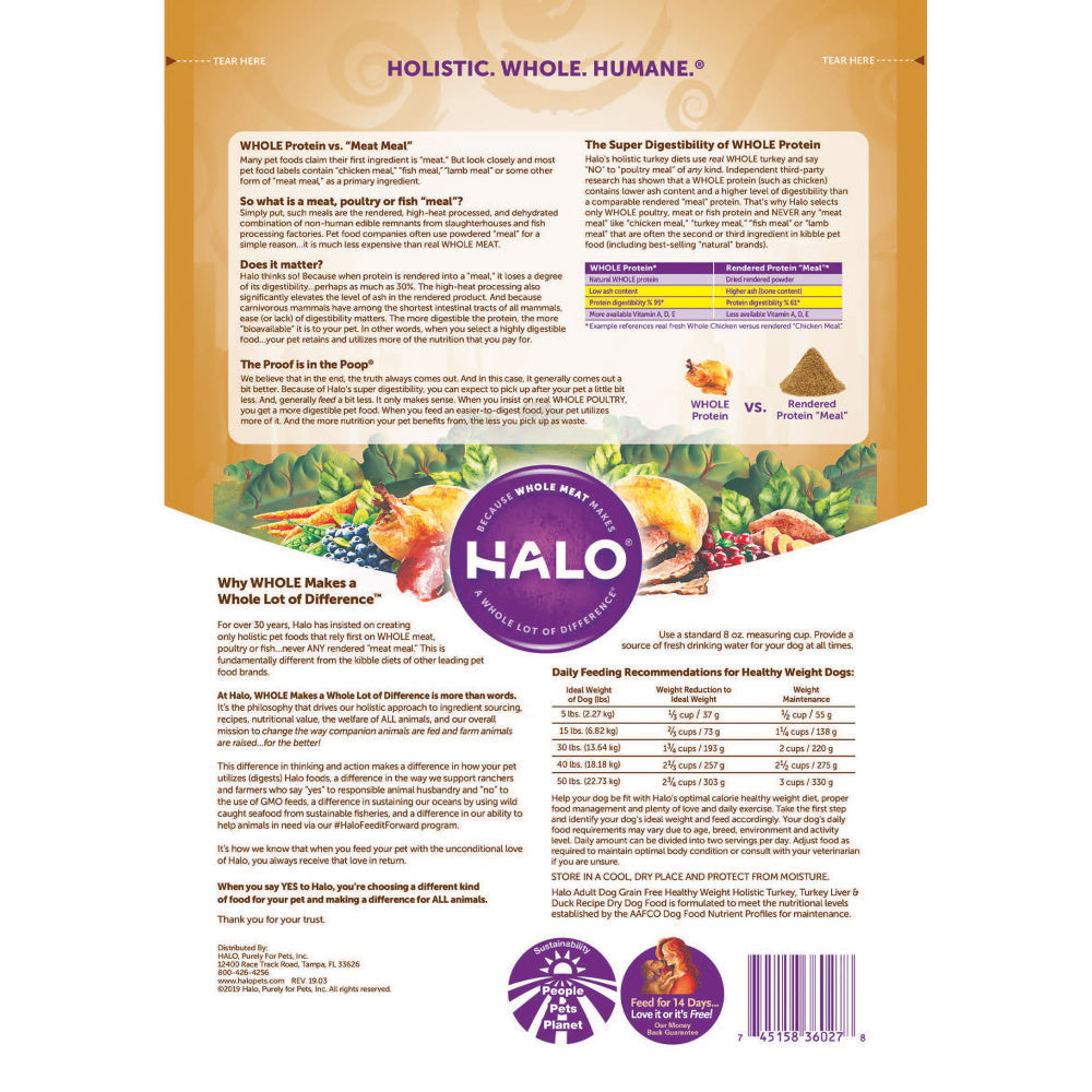 Halo Adult Healthy Weight Grain Free Holistic Turkey, Turkey Liver & Duck Recipe Dry Dog Food  