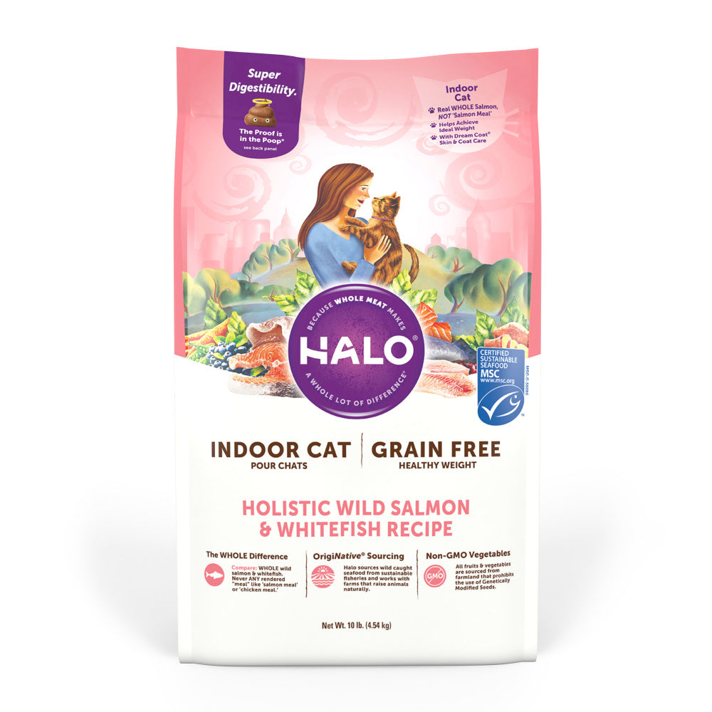 Halo Indoor Grain Free Healthy Weight Holistic Wild Salmon & Whitefish Recipe Dry Cat Food  