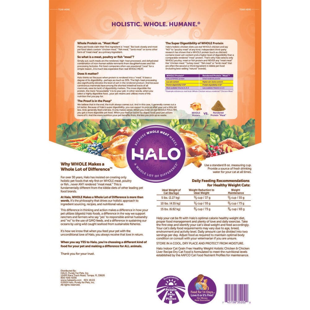 Halo Indoor Grain Free Holistic Healthy Weight Chicken & Chicken Liver Recipe Dry Cat Food  