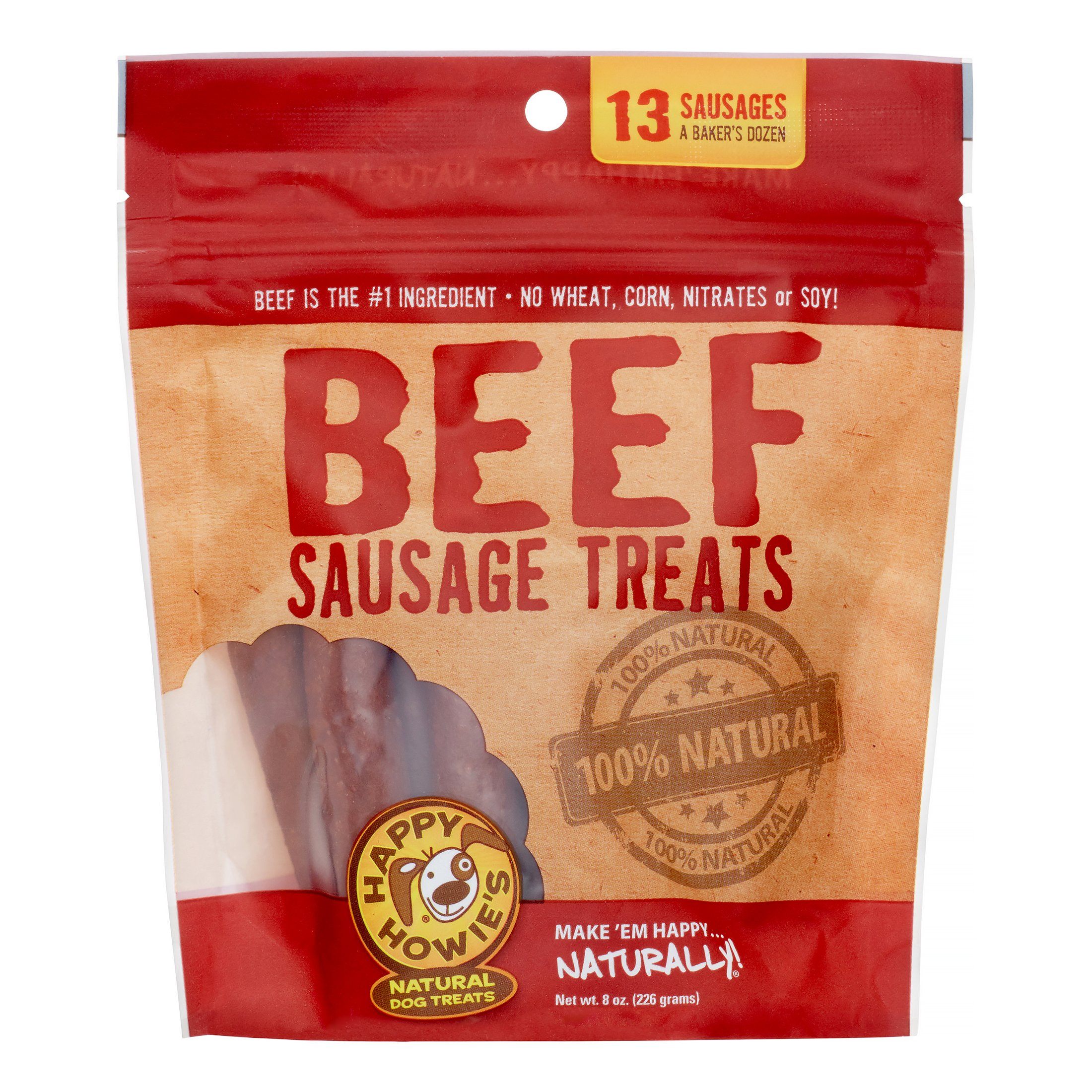 Happy Howie's Deli Style Sausages 4" Sausage Bakers Dozen Beef Natural Dog Chews - 3.5 oz Bag  