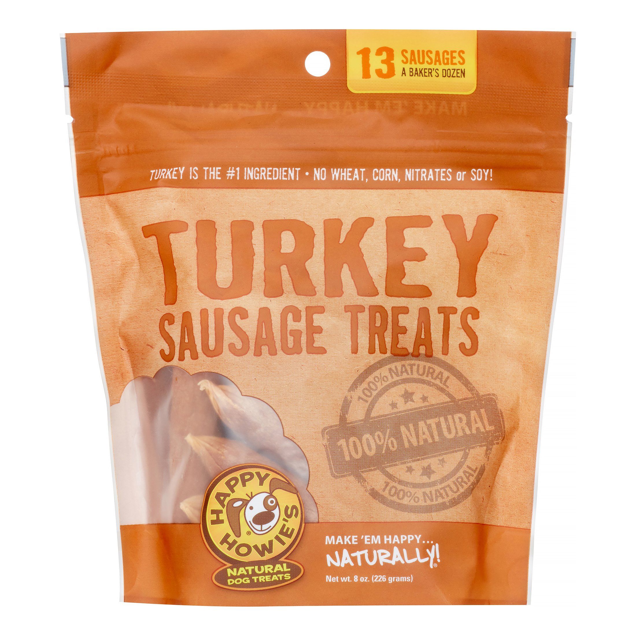 Happy Howie's Deli Style Sausages 4" Sausage Bakers Dozen Turkey Natural Dog Chews - 3.5 oz Bag  