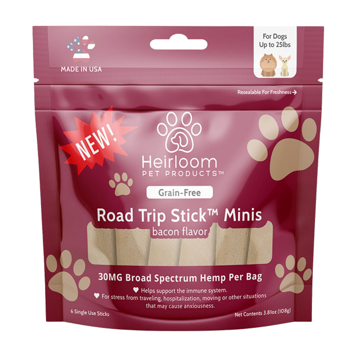 Heirloom Road Trip Stick Bacon Broad Spectrum Hemp over 25lbs Chewy Dog Treats - 15 Count - 2.8 oz - Case of 15  