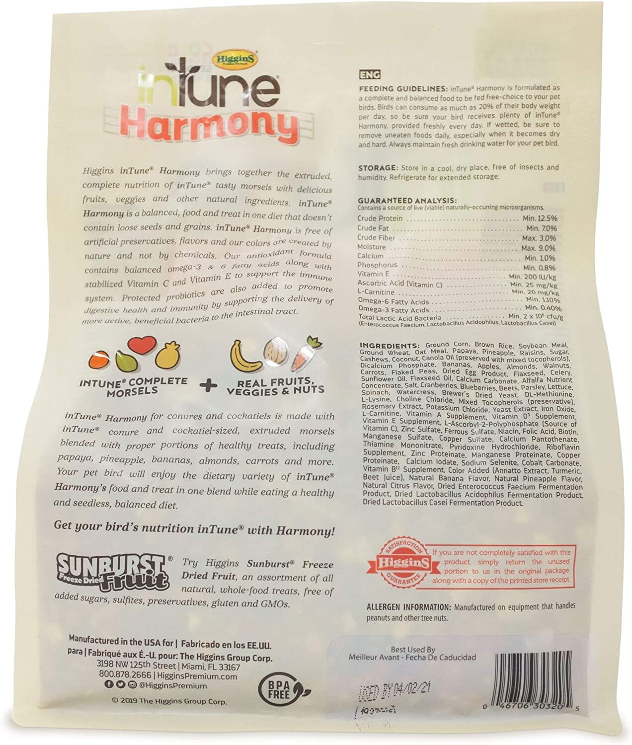 Higgins Intune Natural Harmony Conure and Cockatiel Bird Food - 2 Lbs  