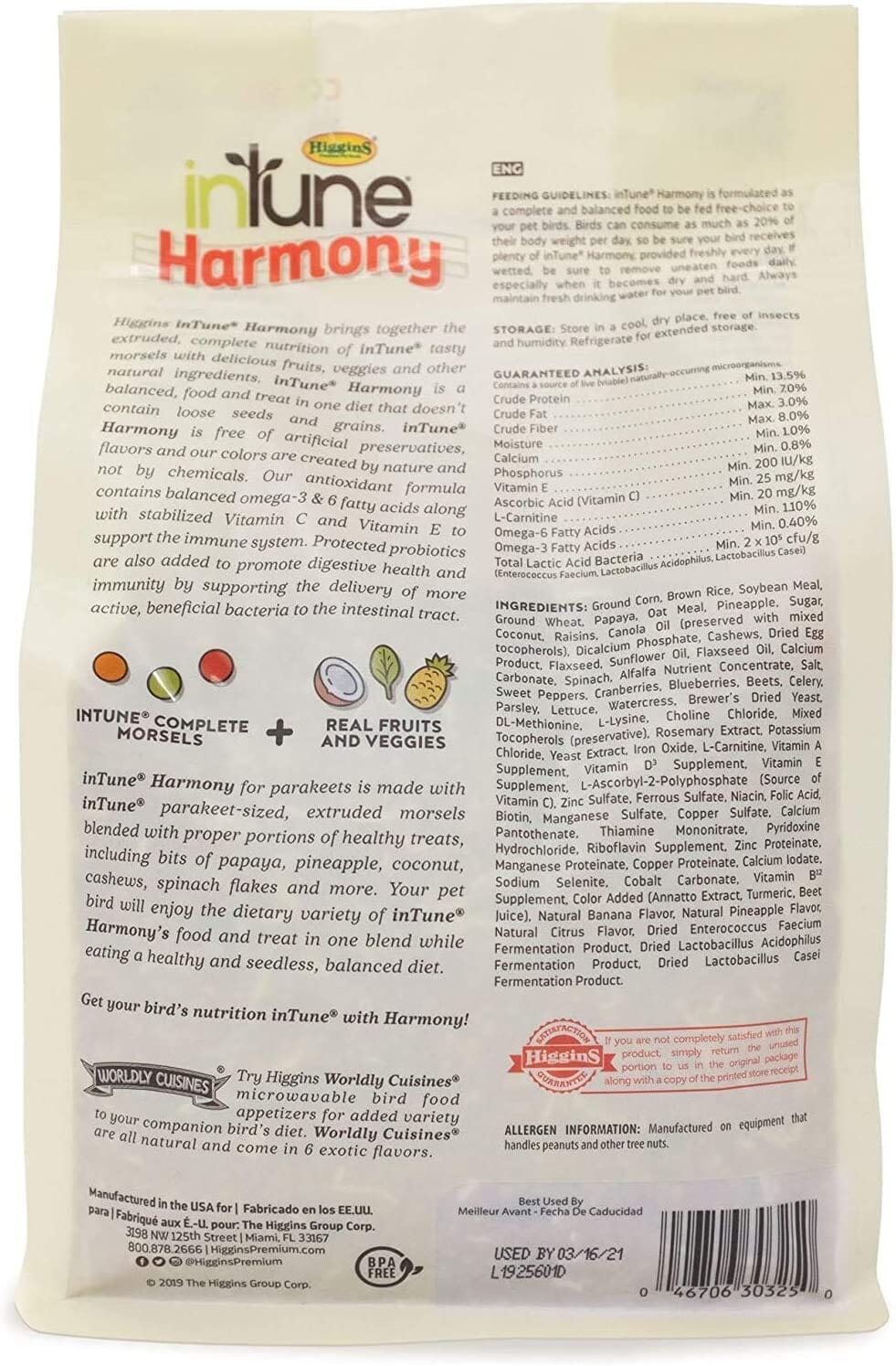 Higgins Intune Natural Harmony Parakeet Bird Food - 2 Lbs  