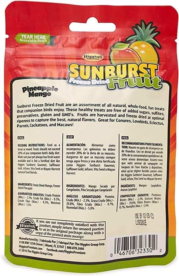 Higgins Sunburst Gourmet Freeze Dried Fruit Pineapple Mango Bird Treat Sticks - 0.5 Oz  