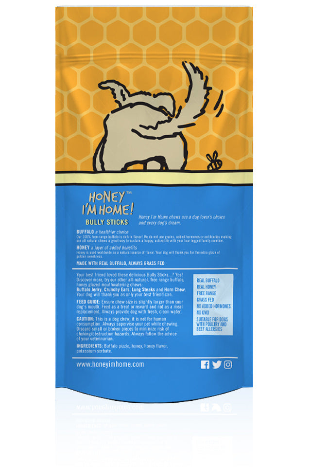 Honey I'm Home Natural Honey Coated Bully Sticks Buffalo Dog Chews  