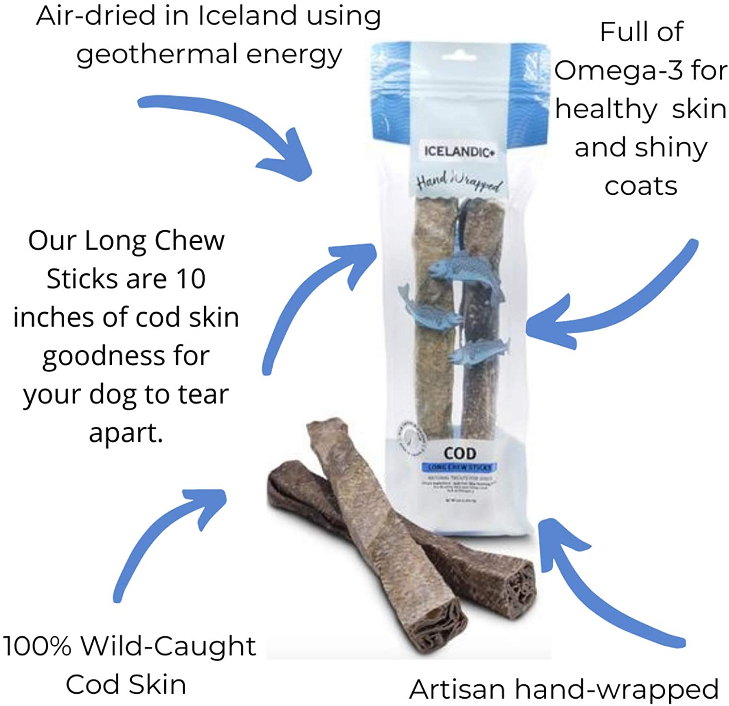 Icelandic+ 2pc/10" Cod Skin Chew Stick Natural Dehydrated Cat and Dog Treats - 5 oz  