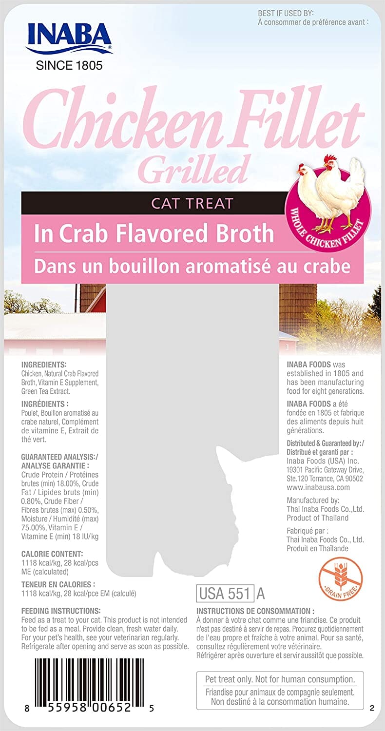 Inaba Chicken Fillet Grilled with Flavored Broth Cat Treats - Crab - .9 Oz - 6 Pack  