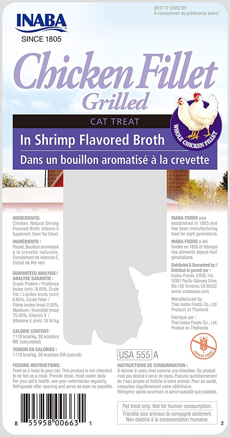 Inaba Chicken Fillet Grilled with Flavored Broth Cat Treats - Shrimp - .9 Oz - 6 Pack  