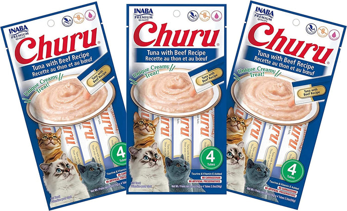Inaba Churu Puree Cat Treats - Tuna and Beef - .5 Oz - 4 Pack - Case of 6
