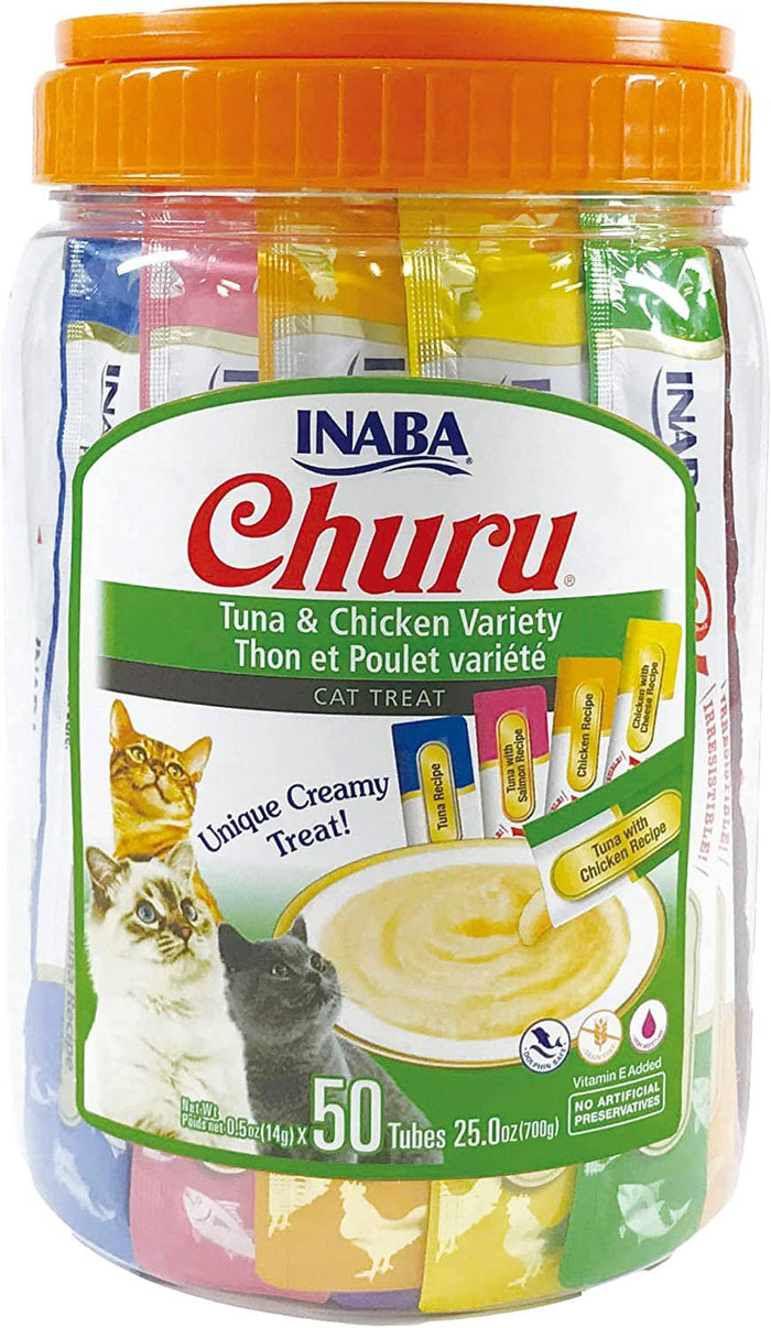 Inaba Churu Puree Cat Treats Variety Pack Cat Treats - Tuna and Chicken - .5 Oz - 50 Pack