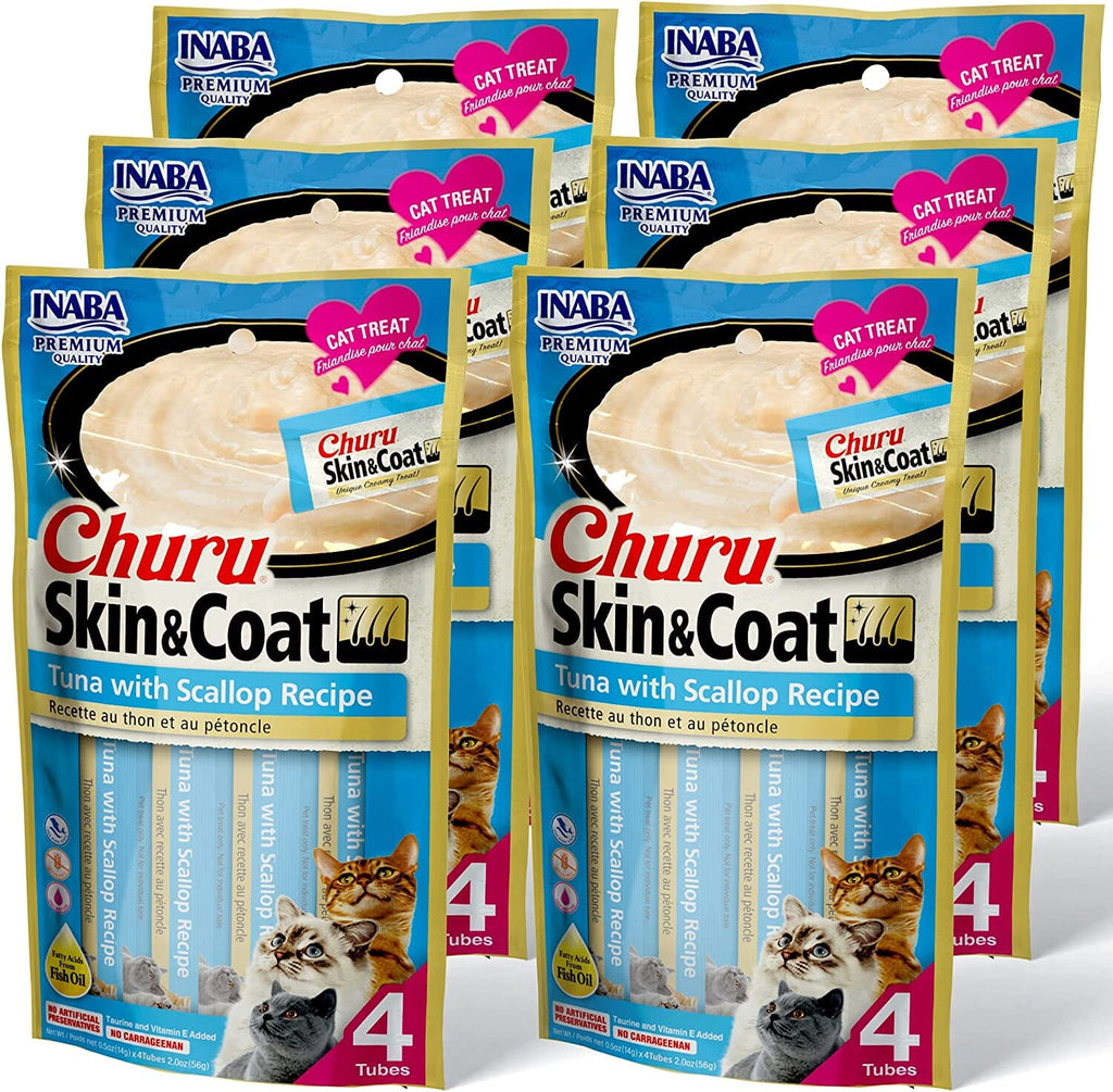 Inaba Churu Puree Skin & Coat Cat Treats - Tuna and Scallop - .5 Oz - 4 Pack - Case of 6  
