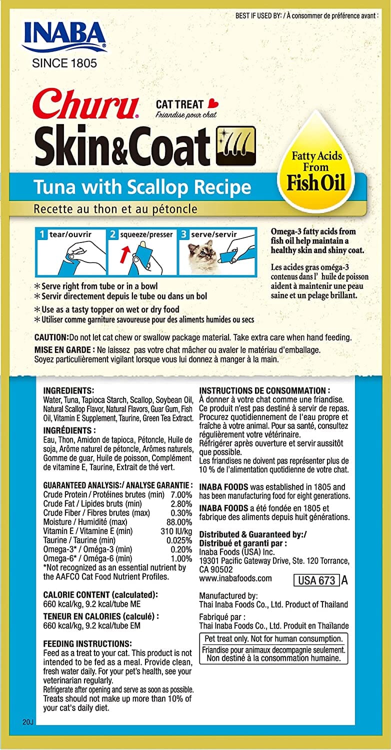 Inaba Churu Puree Skin & Coat Cat Treats - Tuna and Scallop - .5 Oz - 4 Pack - Case of 6  