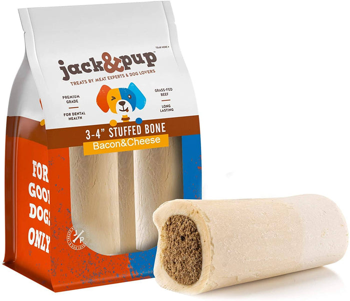 Jack & Pup 3" - 4" White Bone Filled with Bacon & Cheese Dog Natural Chews - 2 pc Bag