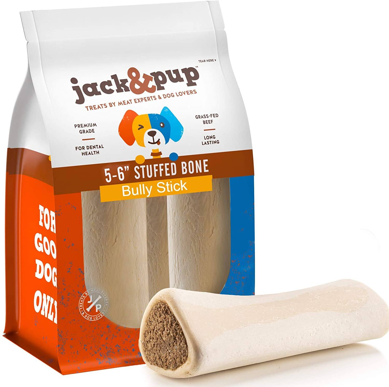 Jack & Pup 5" - 6" White Bone Filled with Bully Stick Dog Natural Chews - 10 pc Bag - Case of 1  