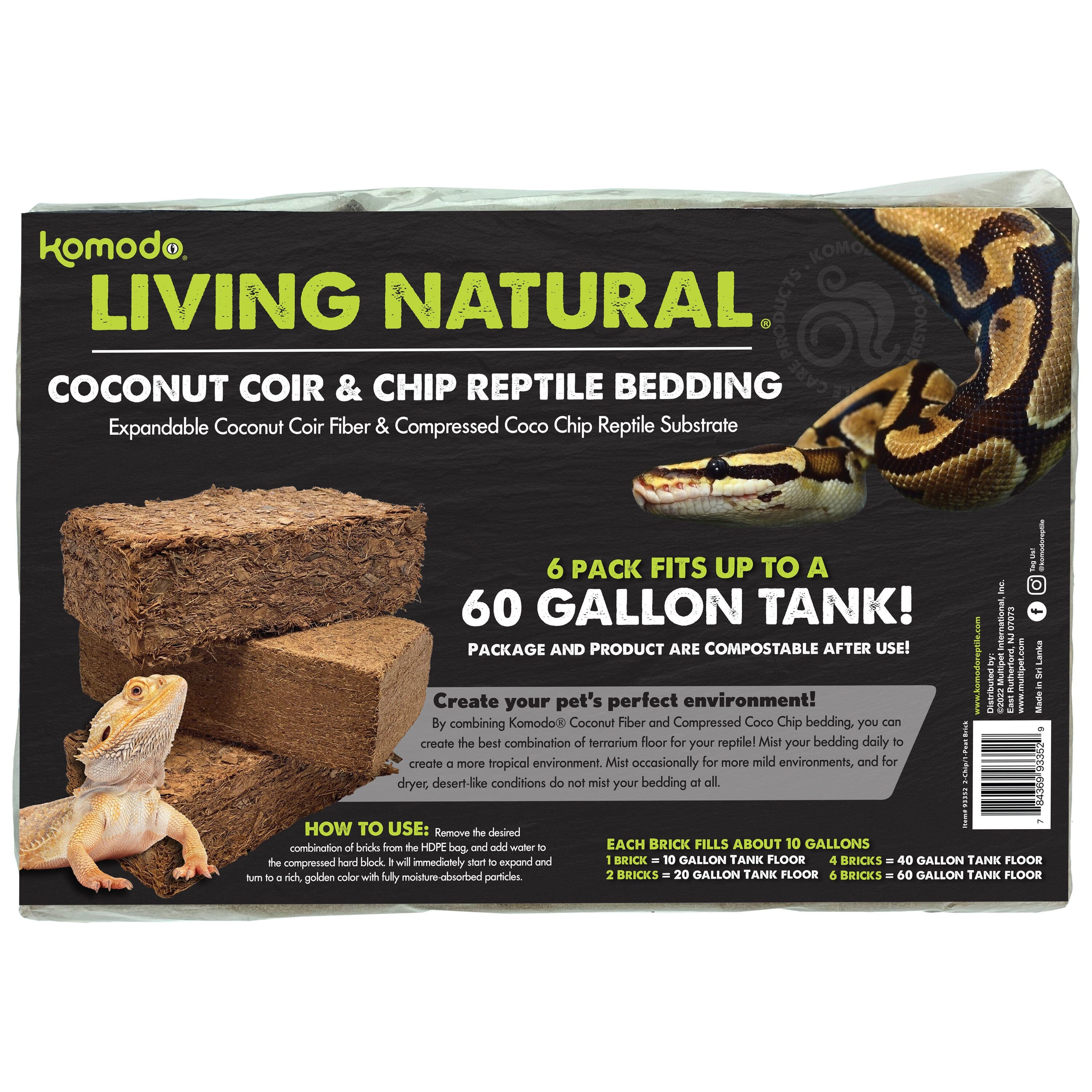 Komodo Living Natural Coconut Coir & Chip Reptile Bedding Brick - 3 Pack  