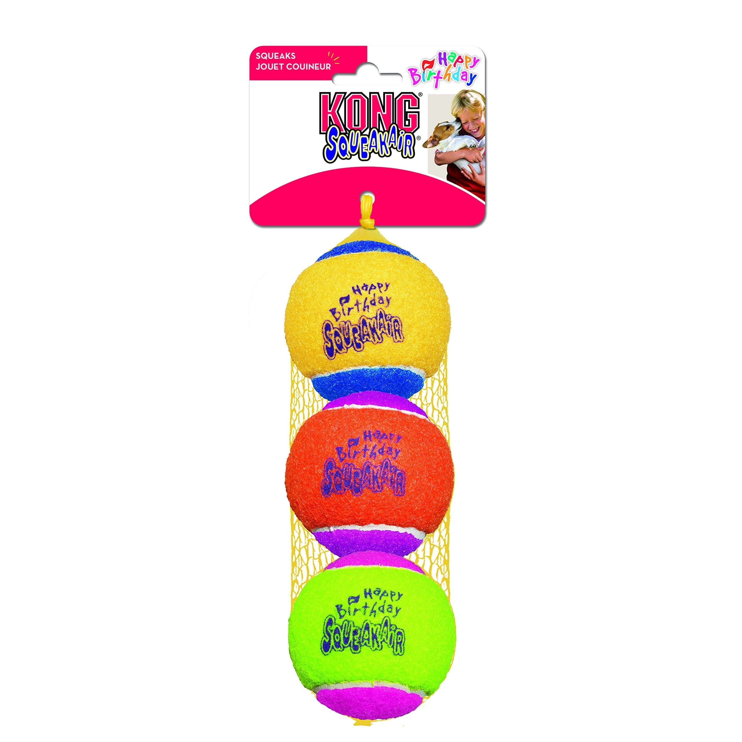 Kong SqueakAir Multi-Colored Birthday Squeaker Tennis Ball Flet Dog Toys - 3 Pack - Medium