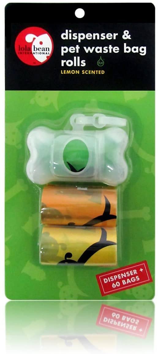 Lola Bean Bone Shape Dispenser & Waste P/U Bags (Lemon-Black/Grey) - 60 Count  